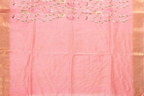 Pink Linen Saree With Embroidery And Gold Zari Border PL 2052