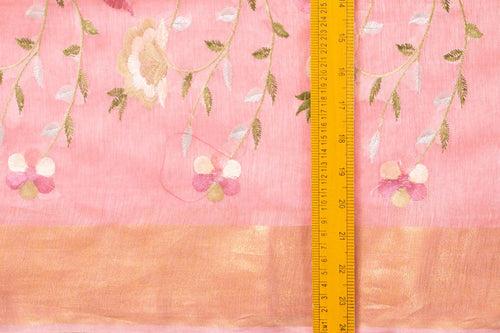 Pink Linen Saree With Embroidery And Gold Zari Border PL 2052