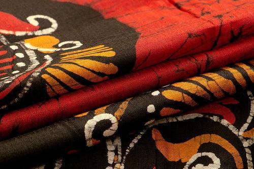 Red And Black Floral Lightweight Batik Silk Saree Handwoven Pure Silk For Office Wear PB 327