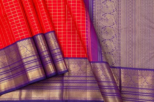 Red And Violet Kanchipuram Silk Saree With Gold Zari Checks And Medium Border Handwoven Pure Silk For Wedding Wear PV NYC 1039