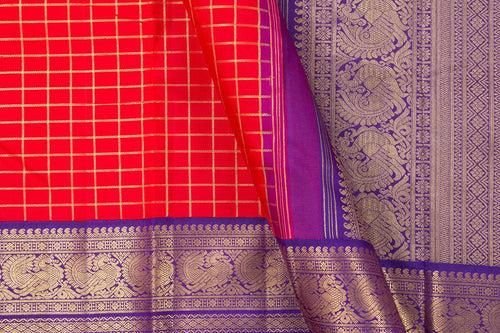 Red And Violet Kanchipuram Silk Saree With Gold Zari Checks And Medium Border Handwoven Pure Silk For Wedding Wear PV NYC 1039