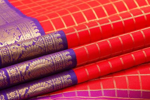 Red And Violet Kanchipuram Silk Saree With Gold Zari Checks And Medium Border Handwoven Pure Silk For Wedding Wear PV NYC 1039