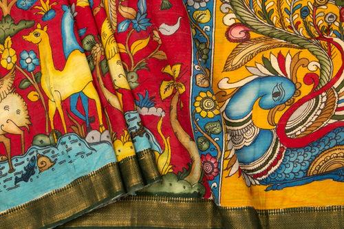 Red And Yellow Handpainted Kalamkari Mangalgiri Silk Saree Organic Dyes For Office Wear PKMS 61