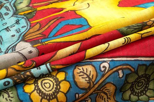 Red And Yellow Handpainted Kalamkari Mangalgiri Silk Saree Organic Dyes For Office Wear PKMS 61