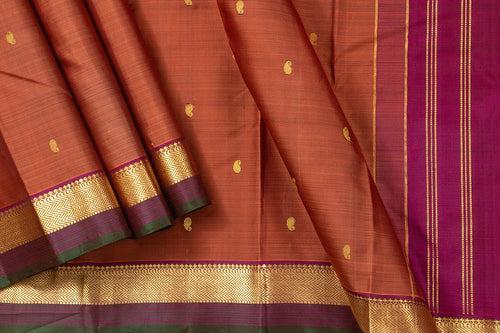 Rust And Magenta Kanchipuram Silk Saree With Medium Border Handwoven Pure Silk For Festive Wear PV J 563