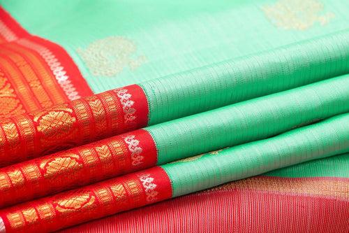 Sea Green And Red Kanchipuram Silk Saree With Small Border Handwoven Pure Silk For Wedding Wear PV NYC 1004