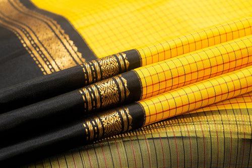 Yellow And Black Kanchipuram Silk Saree With Medium Border Handwoven Pure Silk For Party Wear PV NYC 1027