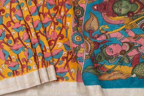 Yellow And Blue Floral Handpainted Kalamkari Mangalgiri Silk Saree Organic Dyes Silver Zari Border For Office Wear PKMS 56