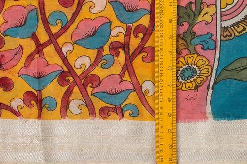 Yellow And Blue Floral Handpainted Kalamkari Mangalgiri Silk Saree Organic Dyes Silver Zari Border For Office Wear PKMS 56