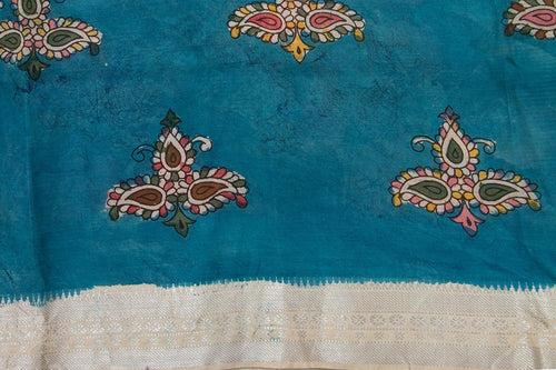 Yellow And Blue Floral Handpainted Kalamkari Mangalgiri Silk Saree Organic Dyes Silver Zari Border For Office Wear PKMS 56