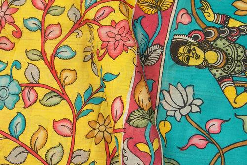 Yellow And Blue Handpainted Kalamkari Floral Pattern Mangalgiri Silk Saree Organic Dyes For Office Wear PKMS 58