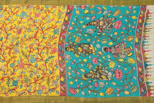 Yellow And Blue Handpainted Kalamkari Floral Pattern Mangalgiri Silk Saree Organic Dyes For Office Wear PKMS 58