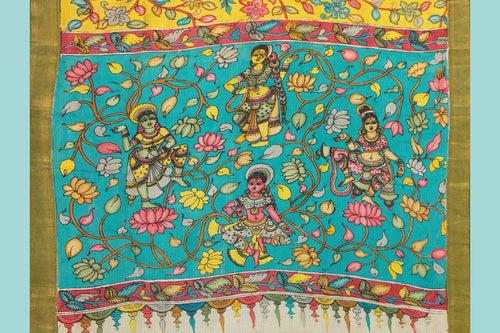 Yellow And Blue Handpainted Kalamkari Floral Pattern Mangalgiri Silk Saree Organic Dyes For Office Wear PKMS 58