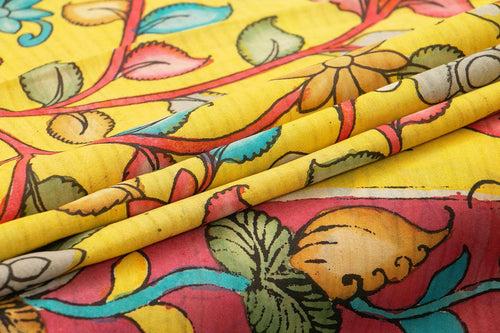 Yellow And Blue Handpainted Kalamkari Floral Pattern Mangalgiri Silk Saree Organic Dyes For Office Wear PKMS 58