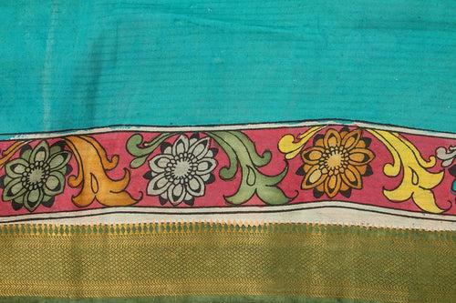Yellow And Blue Handpainted Kalamkari Floral Pattern Mangalgiri Silk Saree Organic Dyes For Office Wear PKMS 58