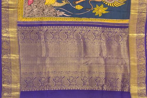 Yellow And Blue Handpainted Kalamkari Kanchipuram Silk Saree Krishna Leela Theme Pure Zari PV SRK KK 102