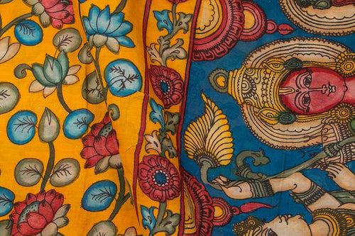 Yellow And Blue Handpainted Kalamkari Mangalgiri Silk Saree Organic Dyes For Office Wear PKMS 66