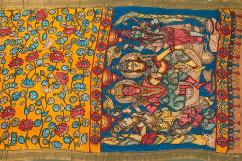 Yellow And Blue Handpainted Kalamkari Mangalgiri Silk Saree Organic Dyes For Office Wear PKMS 66