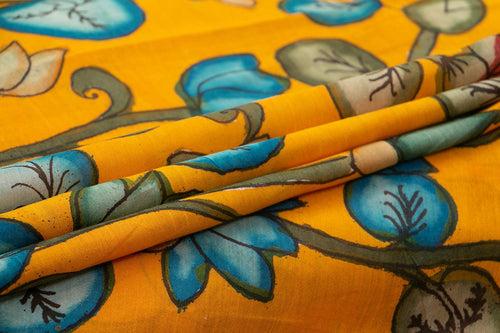 Yellow And Blue Handpainted Kalamkari Mangalgiri Silk Saree Organic Dyes For Office Wear PKMS 66