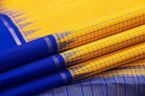 Yellow And Blue Kanchipuram Silk Saree With Small Border Handwoven Pure Silk For Festive Wear PV NYC 1009