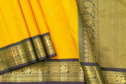 Yellow And Green Kanchipuram Silk Saree With Medium Border Handwoven Pure Silk For Festive Wear PV J 260