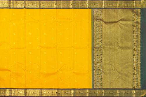 Yellow And Green Kanchipuram Silk Saree With Medium Border Handwoven Pure Silk For Festive Wear PV J 260