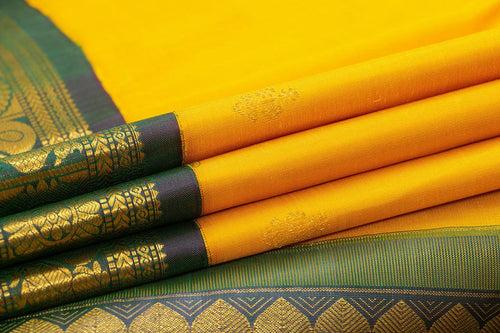 Yellow And Green Kanchipuram Silk Saree With Medium Border Handwoven Pure Silk For Festive Wear PV J 260