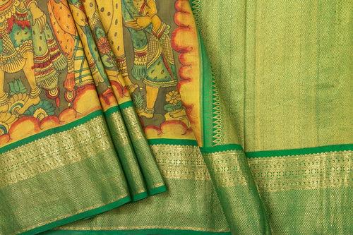 Yellow And Green Village Theme Handpainted Kalamkari Kanchipuram Silk Saree Pure Zari Morning Evening Border PKK 16