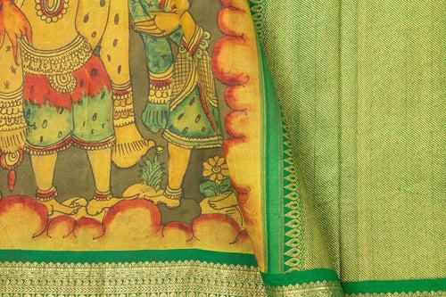 Yellow And Green Village Theme Handpainted Kalamkari Kanchipuram Silk Saree Pure Zari Morning Evening Border PKK 16