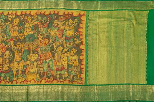 Yellow And Green Village Theme Handpainted Kalamkari Kanchipuram Silk Saree Pure Zari Morning Evening Border PKK 16