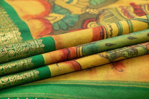 Yellow And Green Village Theme Handpainted Kalamkari Kanchipuram Silk Saree Pure Zari Morning Evening Border PKK 16