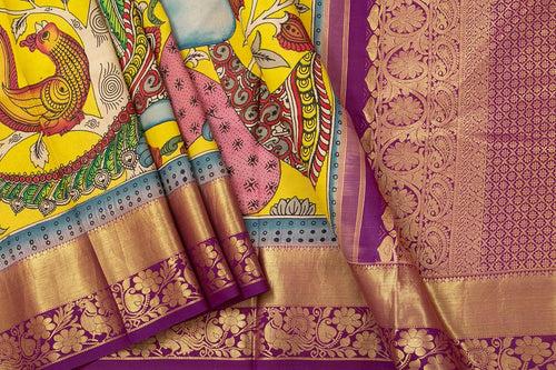 Yellow And Magenta Medium Border Handpainted Kalamkari Kanchipuram Silk Saree Krishna Leela Theme Pure Zari PV SRK KK 105