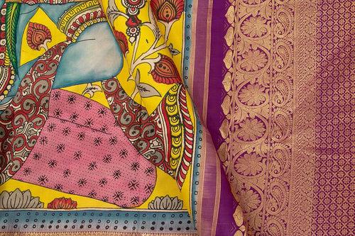 Yellow And Magenta Medium Border Handpainted Kalamkari Kanchipuram Silk Saree Krishna Leela Theme Pure Zari PV SRK KK 105