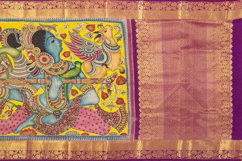 Yellow And Magenta Medium Border Handpainted Kalamkari Kanchipuram Silk Saree Krishna Leela Theme Pure Zari PV SRK KK 105