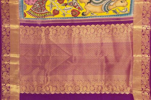 Yellow And Magenta Medium Border Handpainted Kalamkari Kanchipuram Silk Saree Krishna Leela Theme Pure Zari PV SRK KK 105