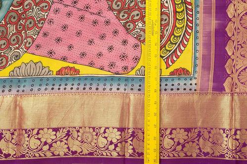 Yellow And Magenta Medium Border Handpainted Kalamkari Kanchipuram Silk Saree Krishna Leela Theme Pure Zari PV SRK KK 105