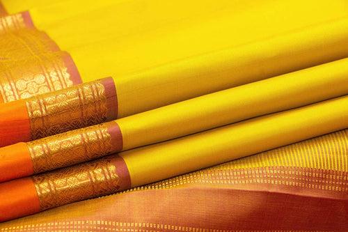 Yellow And Orange Kanchipuram Silk Saree With Short Border Handwoven Pure Silk For Festive Wear PV J 356