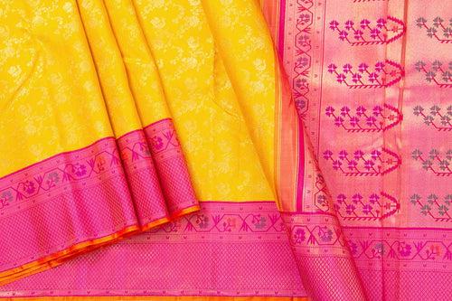 Yellow And Pink Kanchipuram Silk Saree With Paithani Style Korvai Contrast Border Handwoven Pure Silk For Wedding Wear PV NYC 1064