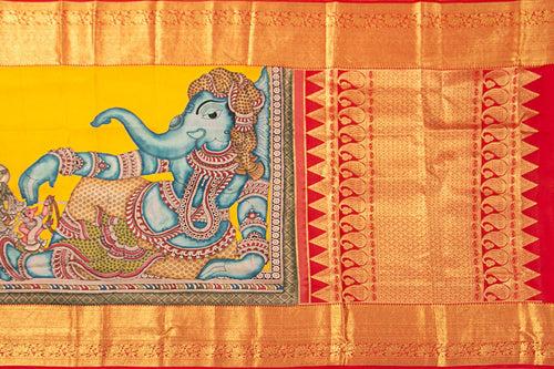 Yellow And Red Handpainted Kalamkari Kanchipuram Silk Saree Ganesha Theme Pure Zari PV SRK KK 103