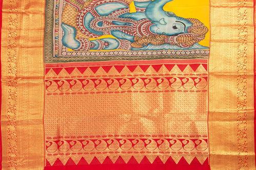 Yellow And Red Handpainted Kalamkari Kanchipuram Silk Saree Ganesha Theme Pure Zari PV SRK KK 103