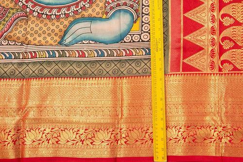 Yellow And Red Handpainted Kalamkari Kanchipuram Silk Saree Ganesha Theme Pure Zari PV SRK KK 103