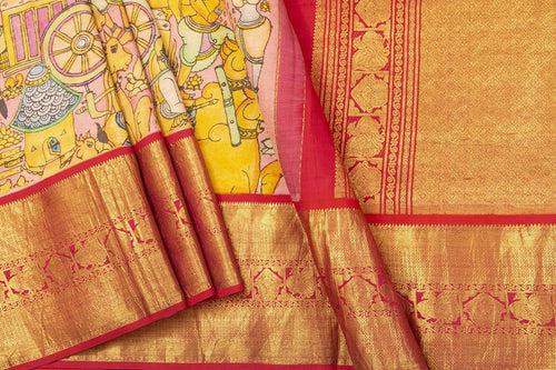 Yellow And Red Handpainted Kalamkari Kanchipuram Silk Saree VillageTheme Pure Zari PV VSR KK 102