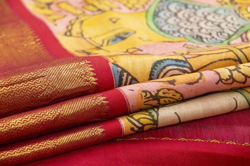 Yellow And Red Handpainted Kalamkari Kanchipuram Silk Saree VillageTheme Pure Zari PV VSR KK 102