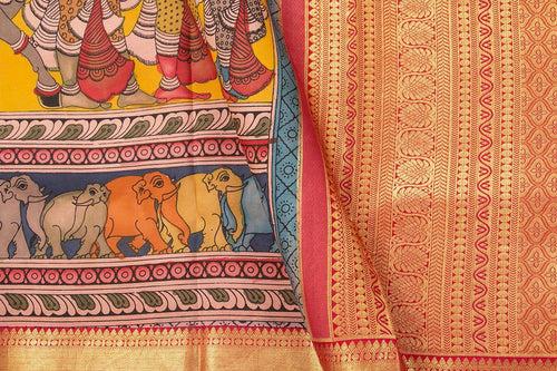 Yellow And Red Handpainted Kalamkari Kanchipuram Silk Saree WeddingTheme Pure Zari PV SRK KK 101