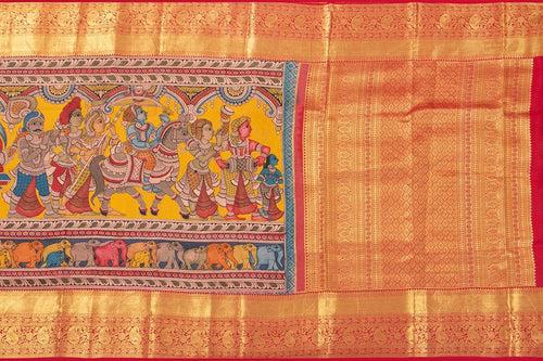 Yellow And Red Handpainted Kalamkari Kanchipuram Silk Saree WeddingTheme Pure Zari PV SRK KK 101