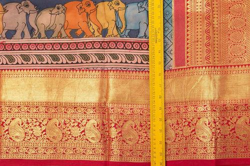 Yellow And Red Handpainted Kalamkari Kanchipuram Silk Saree WeddingTheme Pure Zari PV SRK KK 101