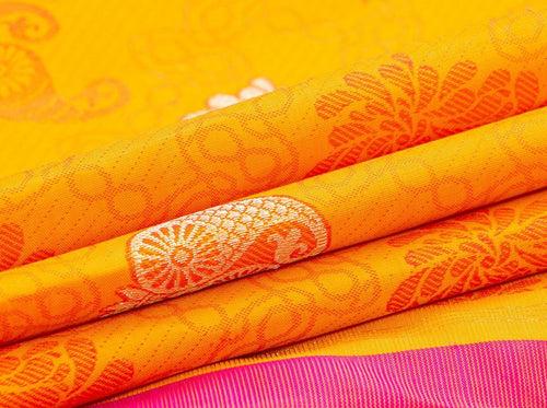 Yellow Borderless Kanchipuram Silk Saree With Floral Silk Thread Work Handwoven Pure Silk Pure Zari For Festive Wear PV NYC 1033