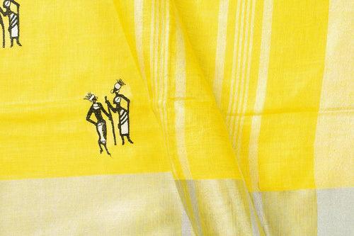 Yellow Linen Saree With Embroidery And Silver Zari Border PL 2040