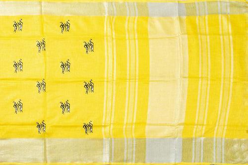 Yellow Linen Saree With Embroidery And Silver Zari Border PL 2040