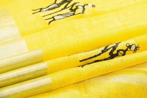 Yellow Linen Saree With Embroidery And Silver Zari Border PL 2040